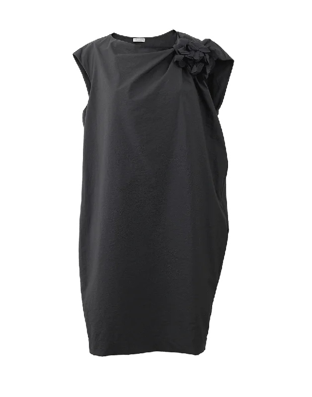 Flower Detail Shift Dress Boat Neckline Classic