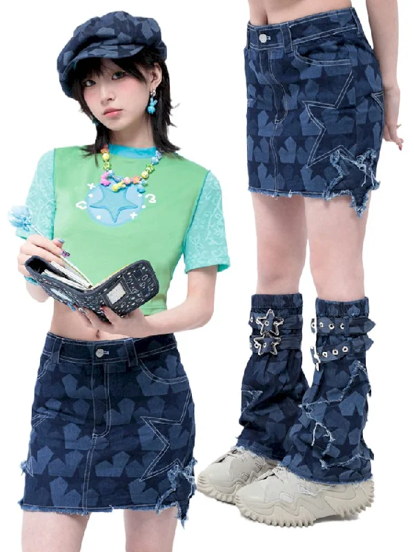 Dark Blue Star Denim Skirt【s0000006567】 corduroy skirt cozy