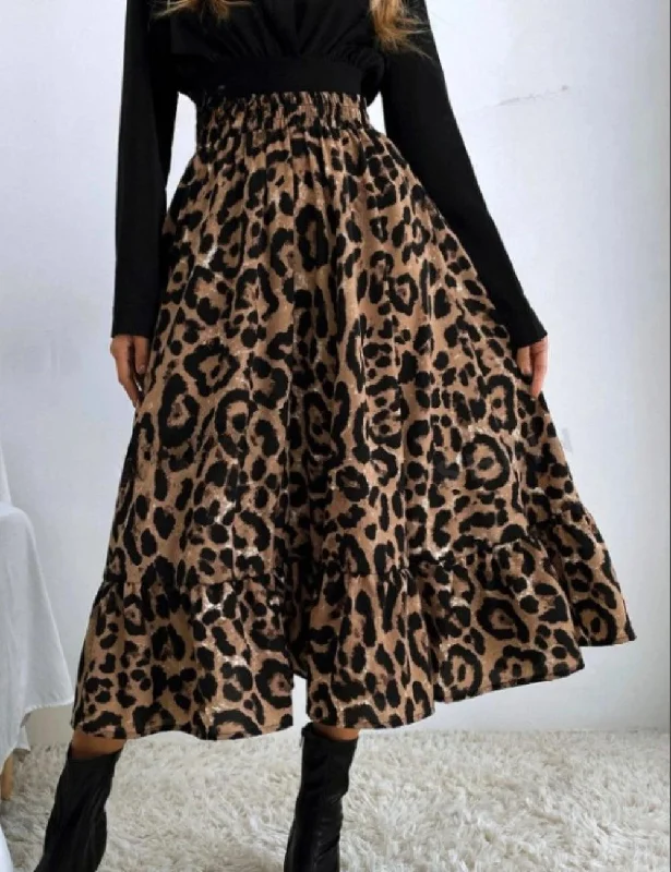 Ladies Leopard Print Ruffle Hem Midi Skirt GG009 modal blend skirt