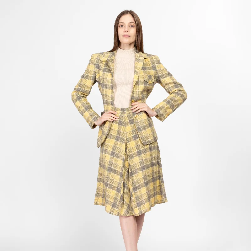Medium 1940s Yellow & Grey Plaid Wool Skirt Suit Set floral skirt print