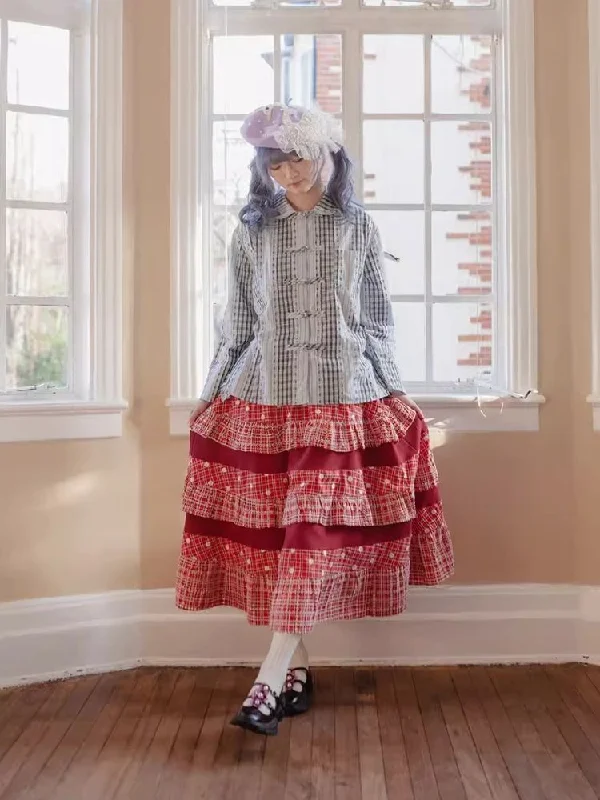 Red embroidery patchwork plaid hem half skirt【s0000007941】 linen skirt natural