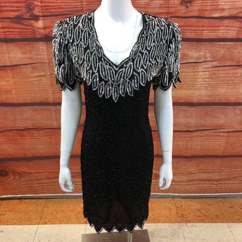 VINTAGE STENAY LINED SILK BLACK GOLD BEADED DRESS SIZE 6 Tunics Ceremony elegant