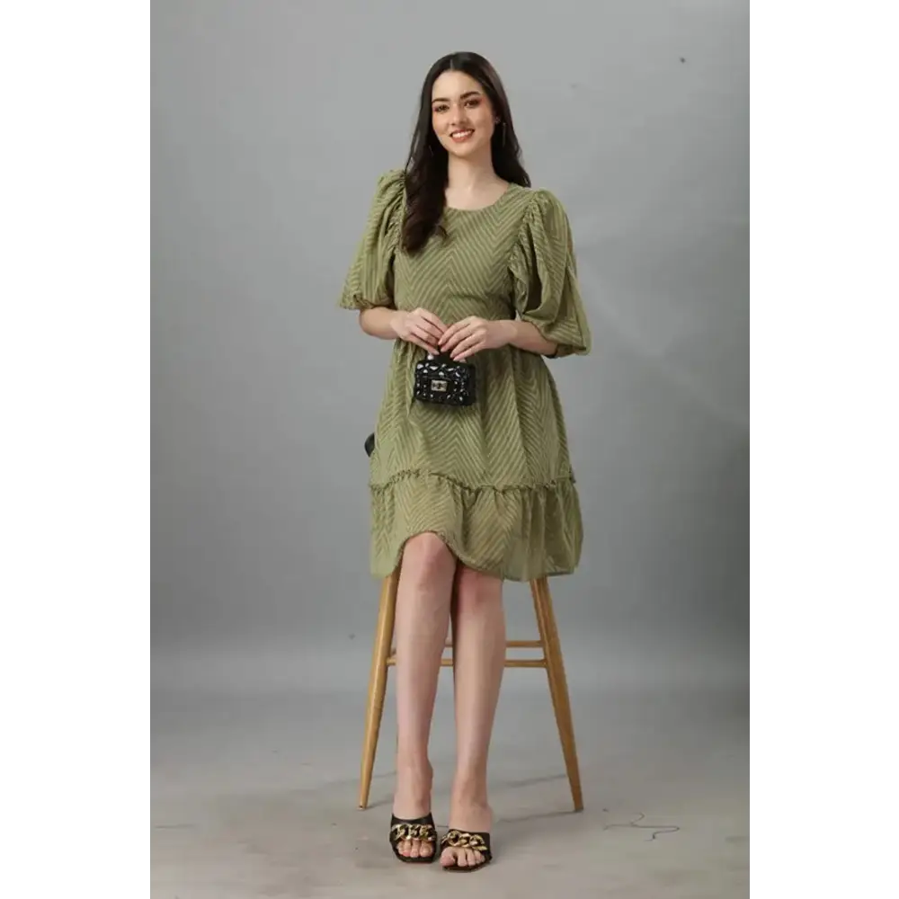 Women’s Dobby Pattern Power Shoulders Olive Geometric A-Line Dress Tunics Silk luxurious