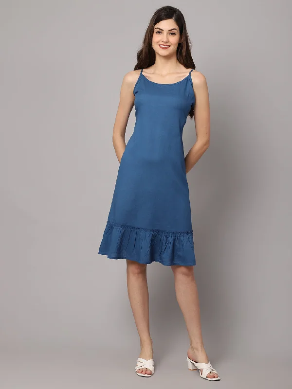 Women's Rayon Solid Short Night Dress with Frill - Royal Blue Tunics Silk luxurious