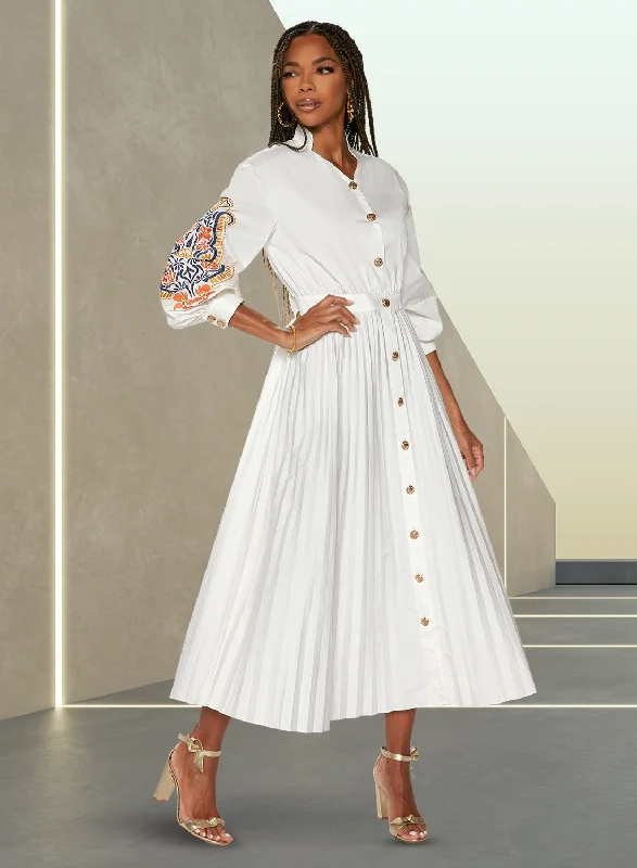 Love the Queen 17527 - White - Button Front Dress with Multi Color Embroidery on Sleeve Tunics Trendy modern