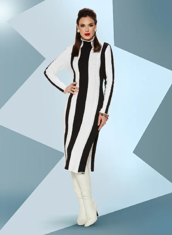 LTQ Knits - 17507 - Stripe Knit Turtle Neck Dress Tunics Sophisticated sleek