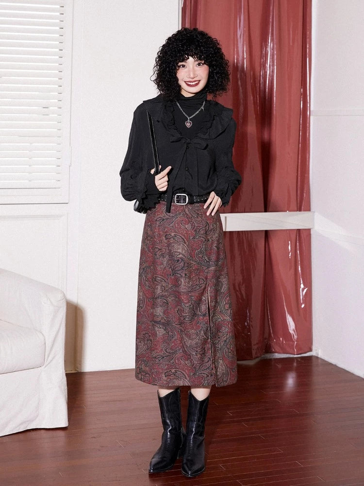 Red vintage print A-line skirt【s0000005534】 wool skirt warm