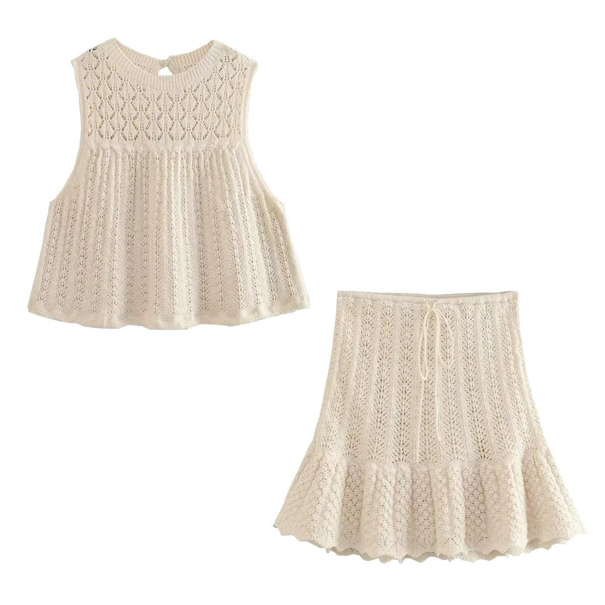 Ladies Solid Color Knit Vest And Skirt Set 3712 linen skirt natural