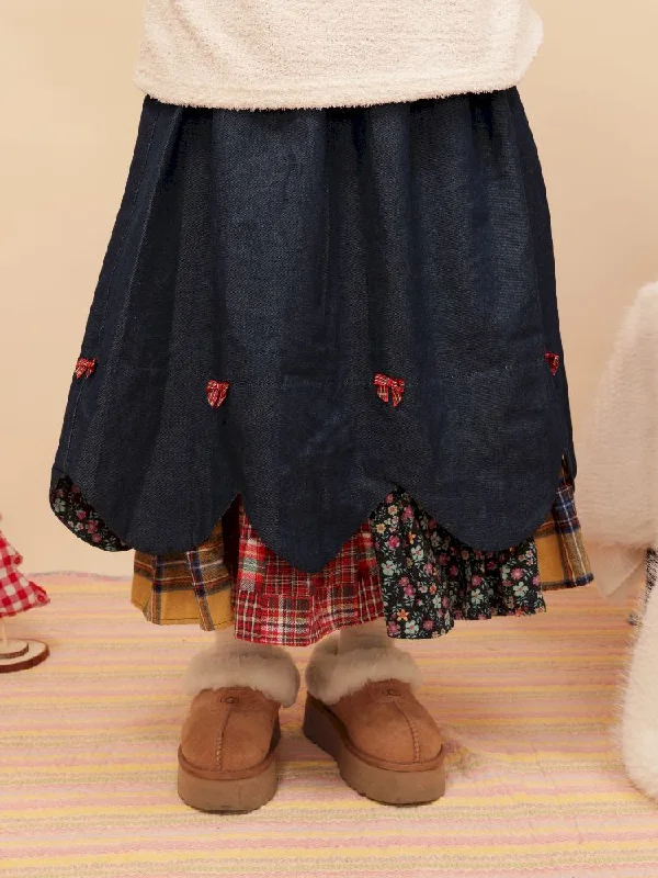Petal Ribbon Quilted Denim Half-body Skirt【s0000005578】 corduroy skirt textured