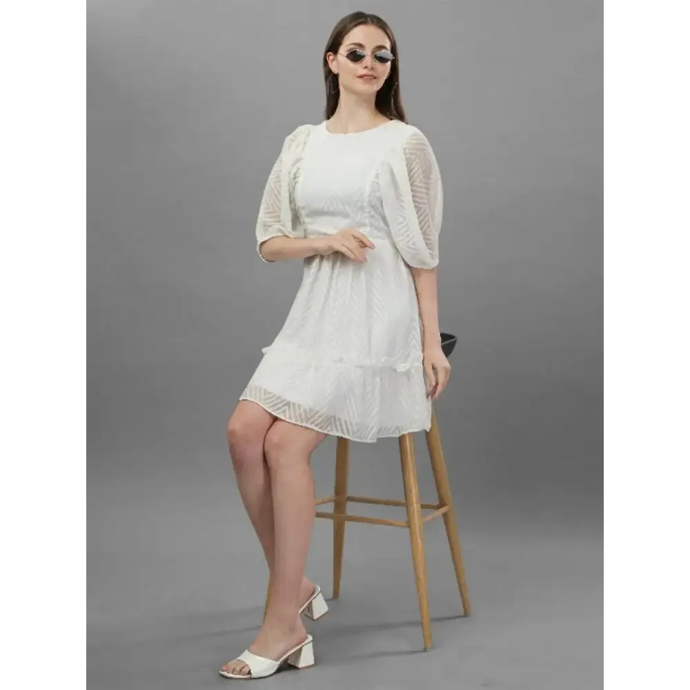 Women’s Dobby Pattern Power Shoulders White Geometric A-Line Dress Tunics Corduroy durable