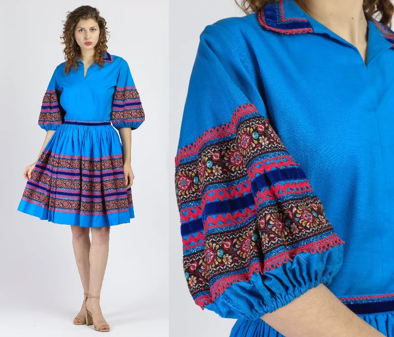 1960s Desert Flower Blue Patio Skirt Set - Medium linen skirt natural