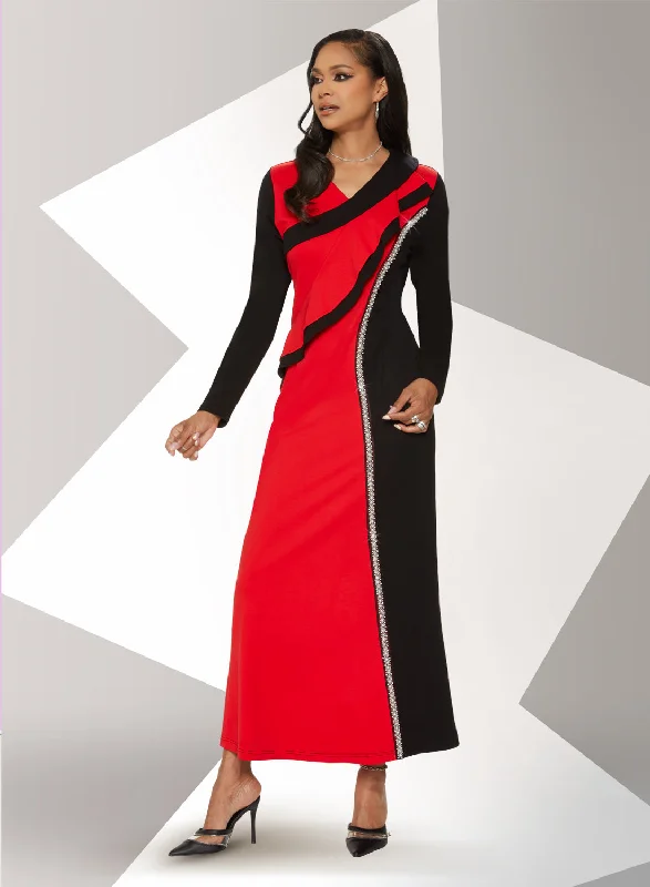 Love The Queen - 17486 - Rhinestone Trim Two-tone Stretch Crepe Dress Tunics Handmade artisanal