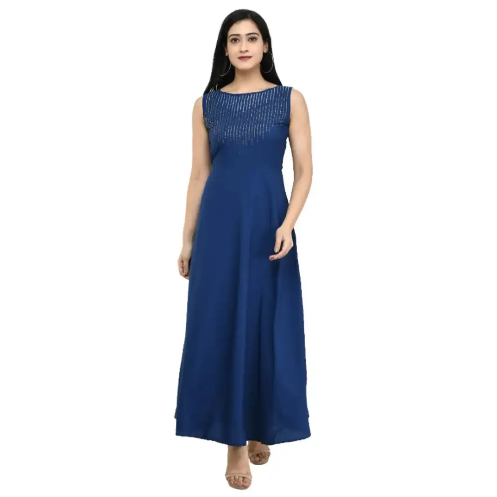 Women Blue Fit and Flare Dress Turtleneck Neckline Stylish