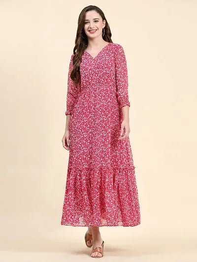 Stylish Pink Georgette Printed Fit And Flare Dress For Women Tunics Solid Classic