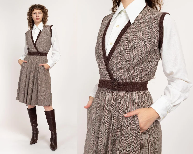 Small 1940s Brown Plaid Vest & Midi Skirt Set button skirt front
