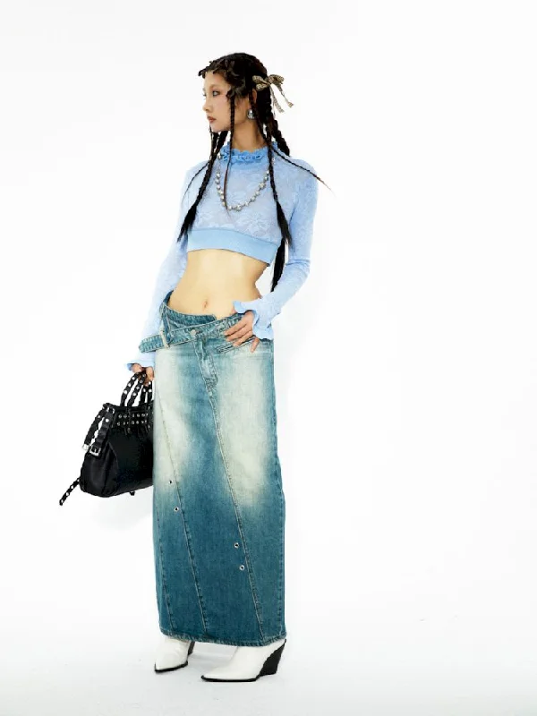 Washed denim slimming straight long half skirt【s0000006264】 denim skirt casual