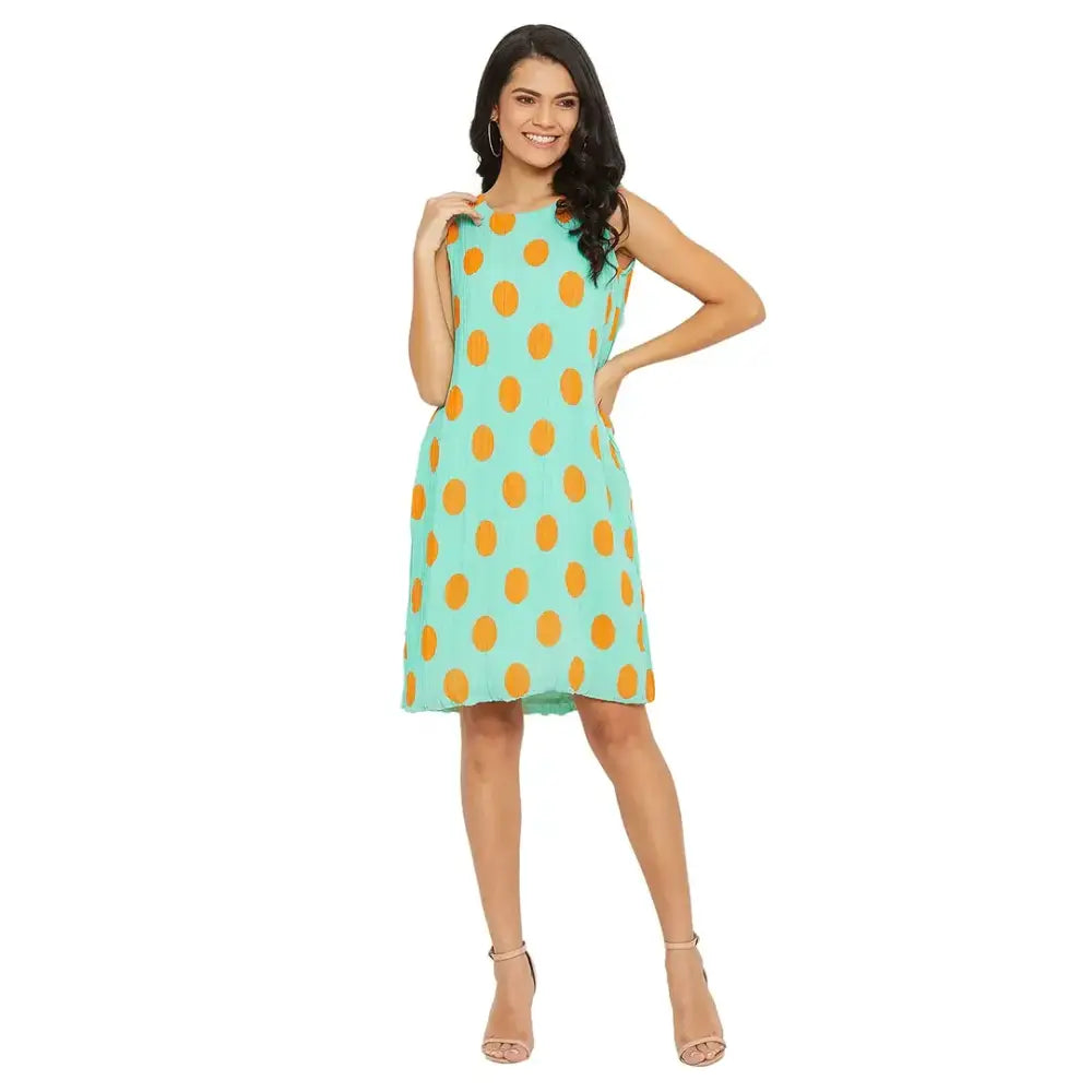 Women Sea Green Polka Dot Accordion Pleated A-line Dress Tunics Floral girly