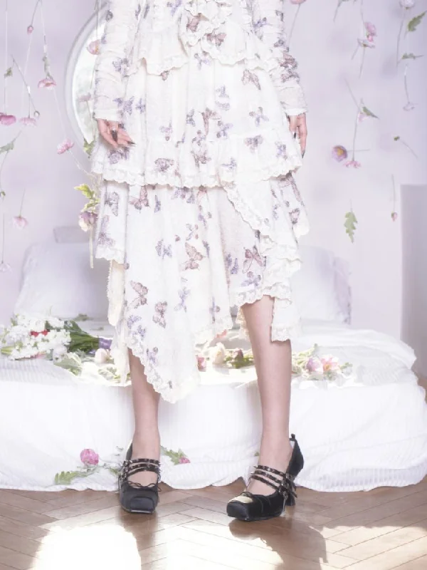 Butterfly Print Irregular Hem Lace Ruffle Half Skirt【s0000007873】 casual skirt length