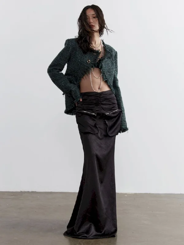 Pocket extra-long satin half-skirt【s0000007273】 velvet skirt plush
