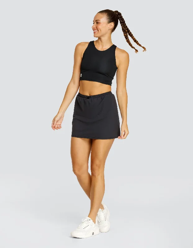 OTTIE SKIRT WITH DRAWSTRING WAIST AND INNER SHORT - ONYX BLACK ruffled skirt detail