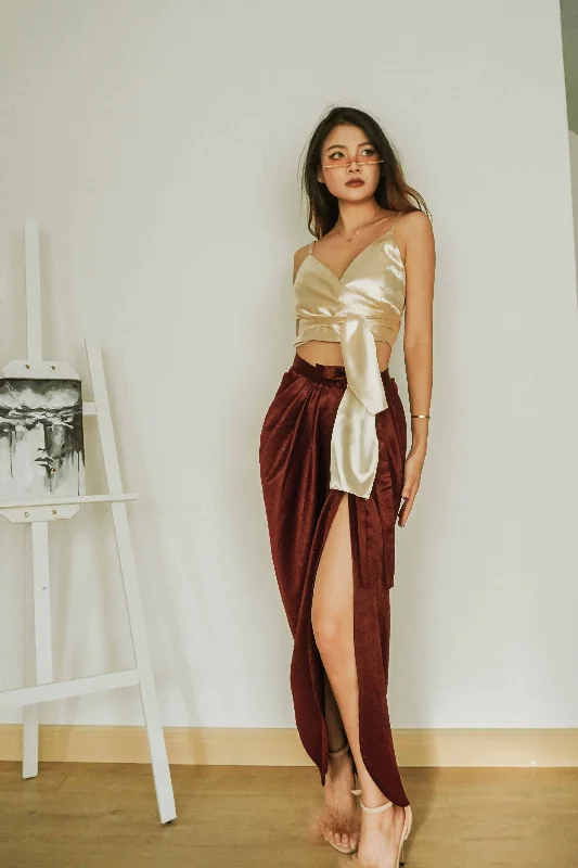 Benz Draped Maxi Skirt in Velvet Maroon ruffled skirt detail