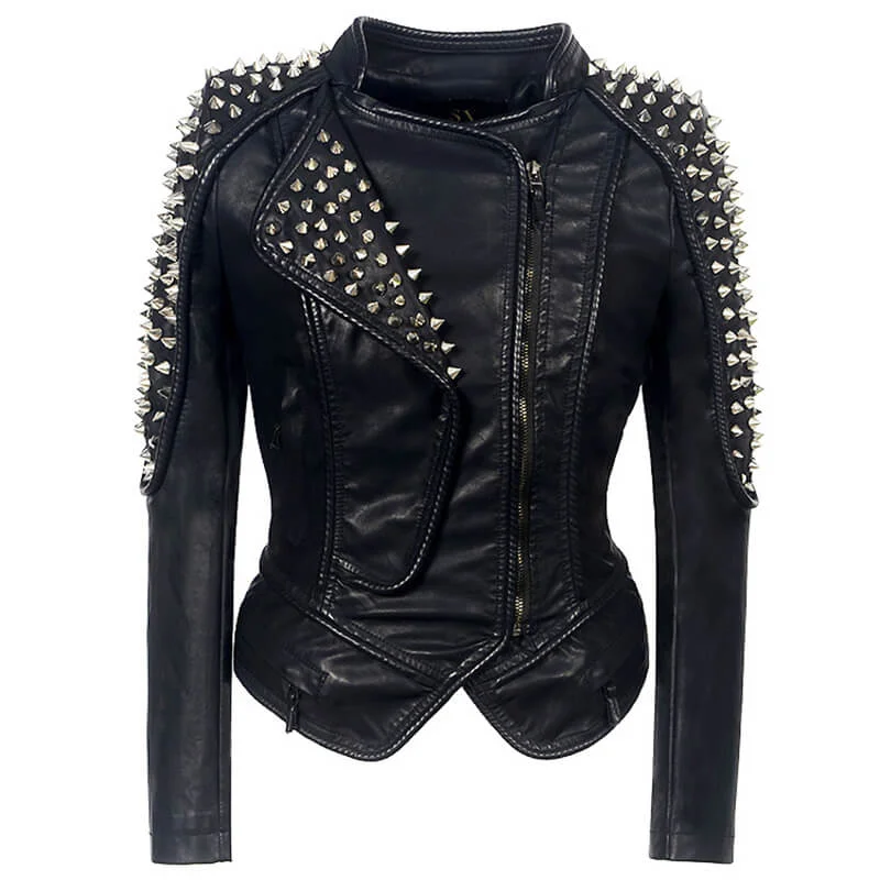 Punk Studded Leather Biker Jacket Front Pockets Side Pockets Patch Pockets