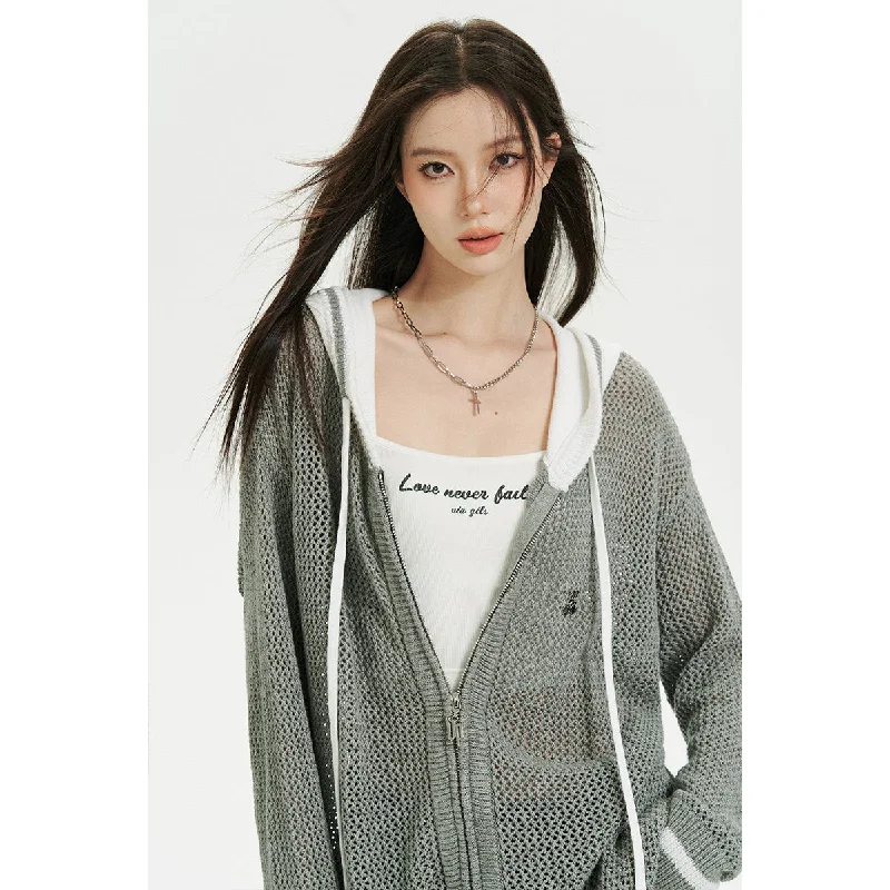Grey Color Blocked Knit Zip Hoodie Hoodie with Snap Buttons Easy Quick