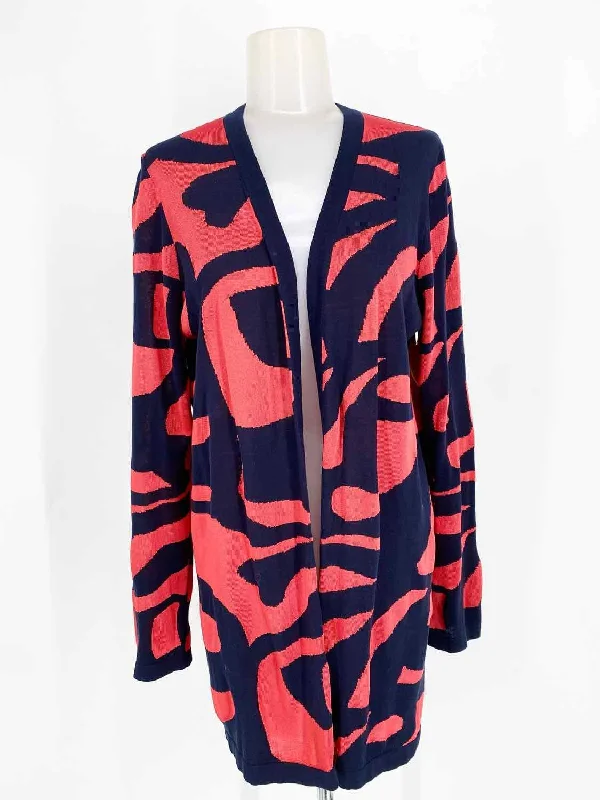 Worth Women's Navy/Coral Open Front Rayon Blend Knit Abstract Size M Cardigan Transparent Opaque Sheer Worth Women's Navy/Coral Open Front Rayon Blend Knit Abstract Size M Cardigan Transparent Opaque Sheer