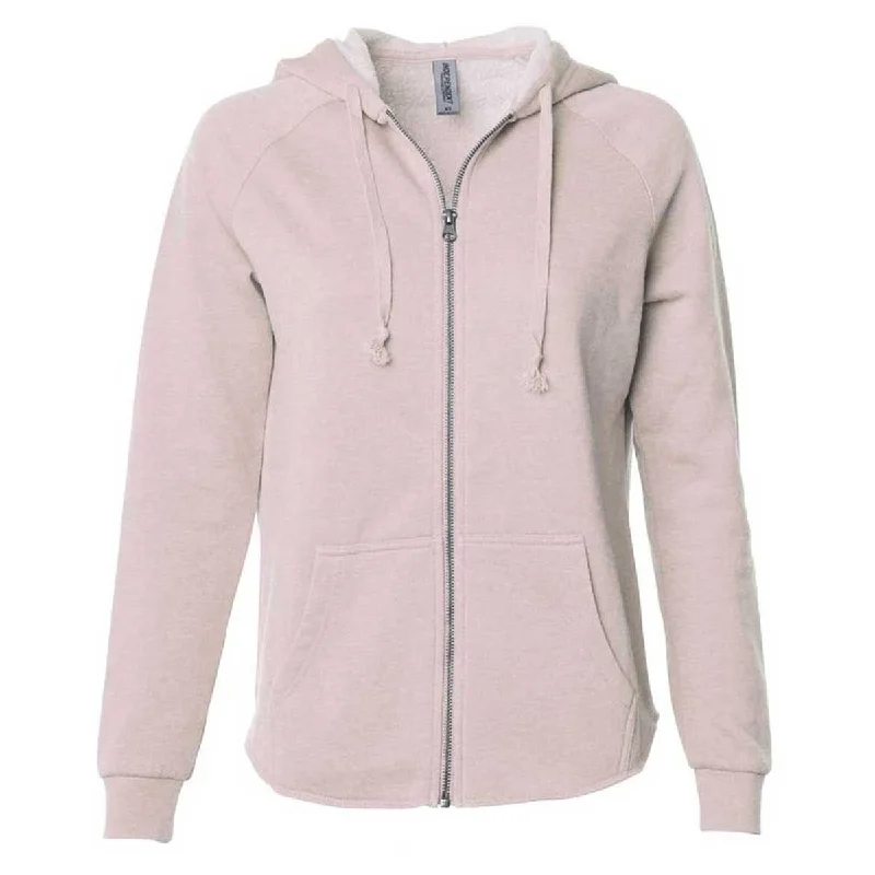 Independent Trading Co. Women's Blush California Wave Wash Full-Zip Hooded Sweatshirt Hoodie with Set-In Sleeves Structured Classic