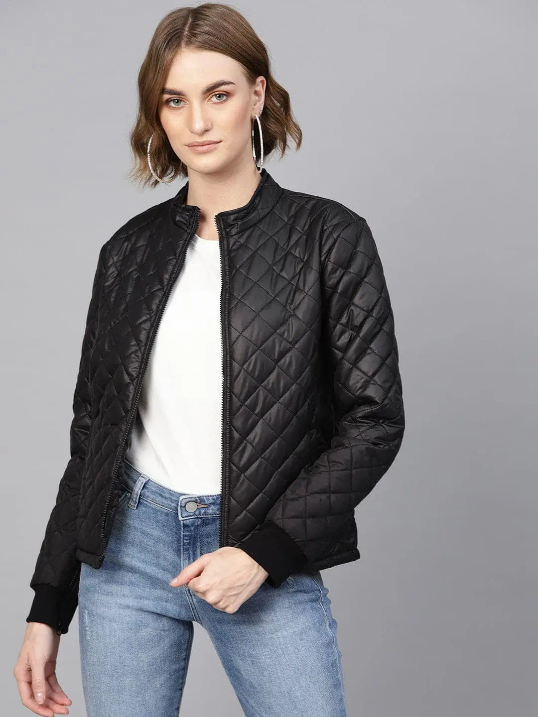 Women Solid Black Full Sleeve Jacket Fleece Fabric Down Fabric Feather Fabric