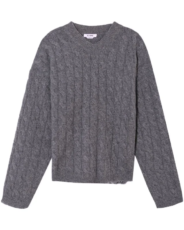Grey Heather Cashmere Cable V Neck Pullover Soft Wool Sweater