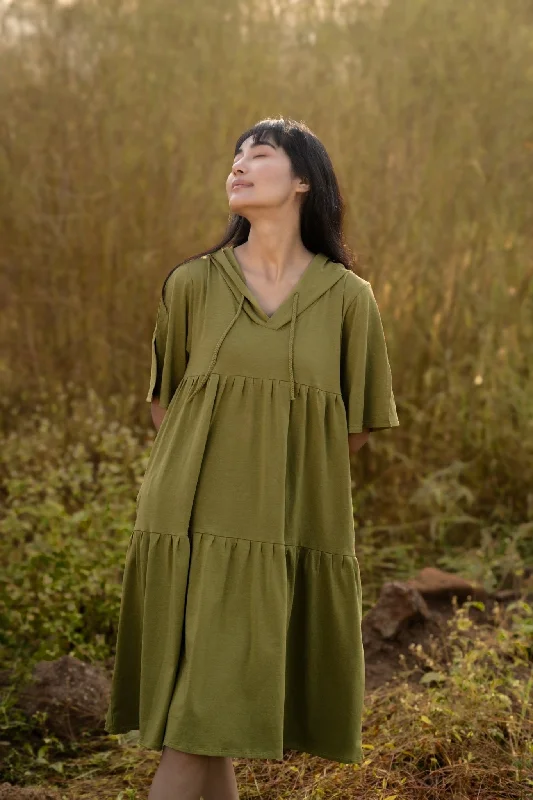 Katir- Hoodie Dress With Slit Bell Sleeves - Avacado Green Hoodie with Relaxed Fit Easy Casual Katir- Hoodie Dress With Slit Bell Sleeves - Avacado Green Hoodie with Relaxed Fit Easy Casual
