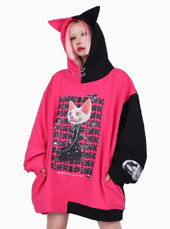 PINKSPINK Cat Graphic Oversized Hoodie - Hot Pink and Black Hoodie with Hem Embroidery Detailed Premium PINKSPINK Cat Graphic Oversized Hoodie - Hot Pink and Black Hoodie with Hem Embroidery Detailed Premium