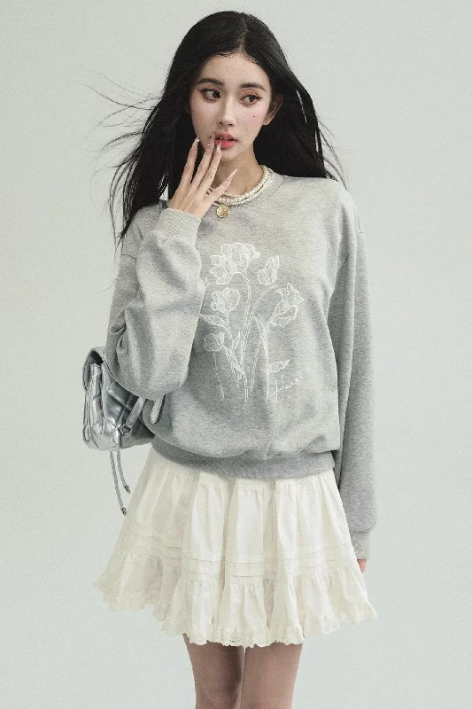 Botanical Bliss Sweatshirt and Lace Mini Skirt Set - Soft Gray and White Hoodie with Elastic Cuffs Stretchable Comfortable