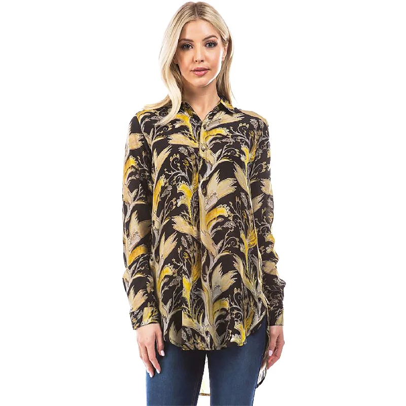Women's APNY Half Button-Up Pullover Tunic Yellow and Black Print Short Puff Sleeve