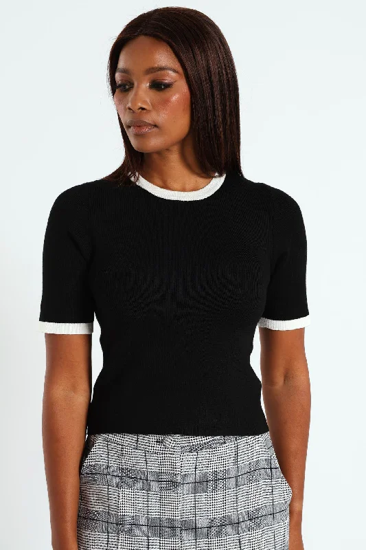 Tipped Pullover Top - Black Scalloped Neck Pullover