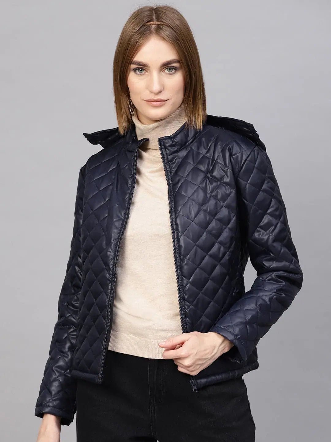 Women Solid Navy Full Sleeve Jacket Denim Fabric Leather Fabric Suede Fabric