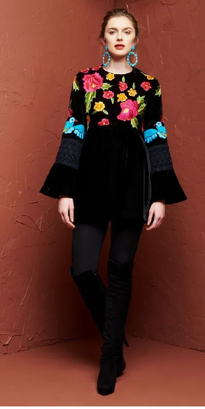 Blue Bird Embroidered Jacket A-Line Jacket Boat Neck Shawl Collar