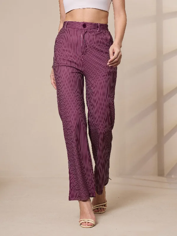 Women Maroon Striped Straight Fit Trousers Trousers Wedding White