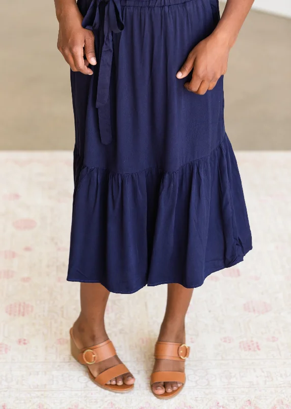 Navy Ruffle Tie Waist Midi Skirt - FINAL SALE corduroy skirt textured