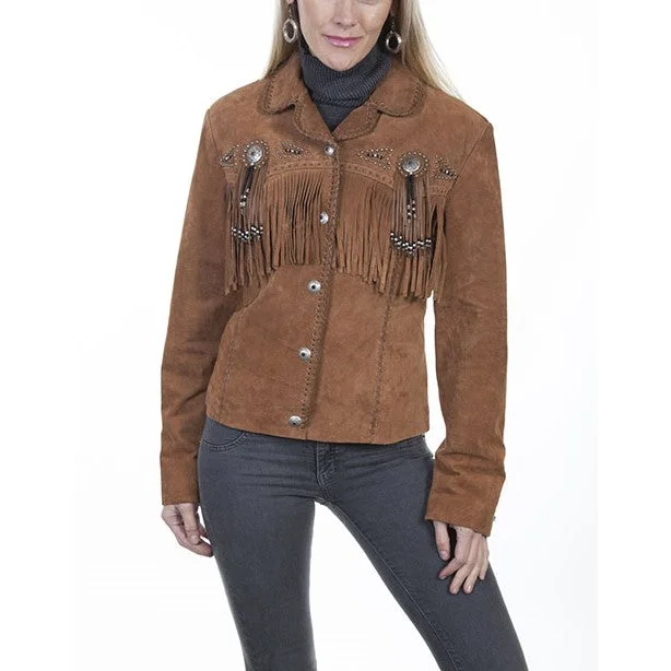 Scully Ladies Cinnamon Boar Suede Fringe And Beaded Jacket L152-81 Zippered Front Buttoned Front Snap Front Scully Ladies Cinnamon Boar Suede Fringe And Beaded Jacket L152-81 Zippered Front Buttoned Front Snap Front