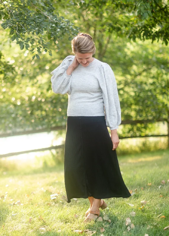 Black Ribbed Button Front Midi Skirt cashmere skirt fine