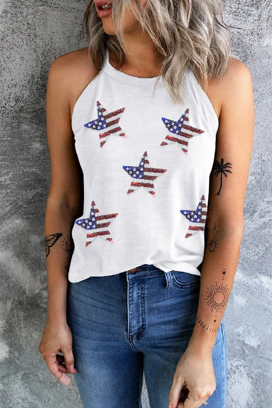 Star US Flag With Sequin Halter Tank Top scoop neck tank