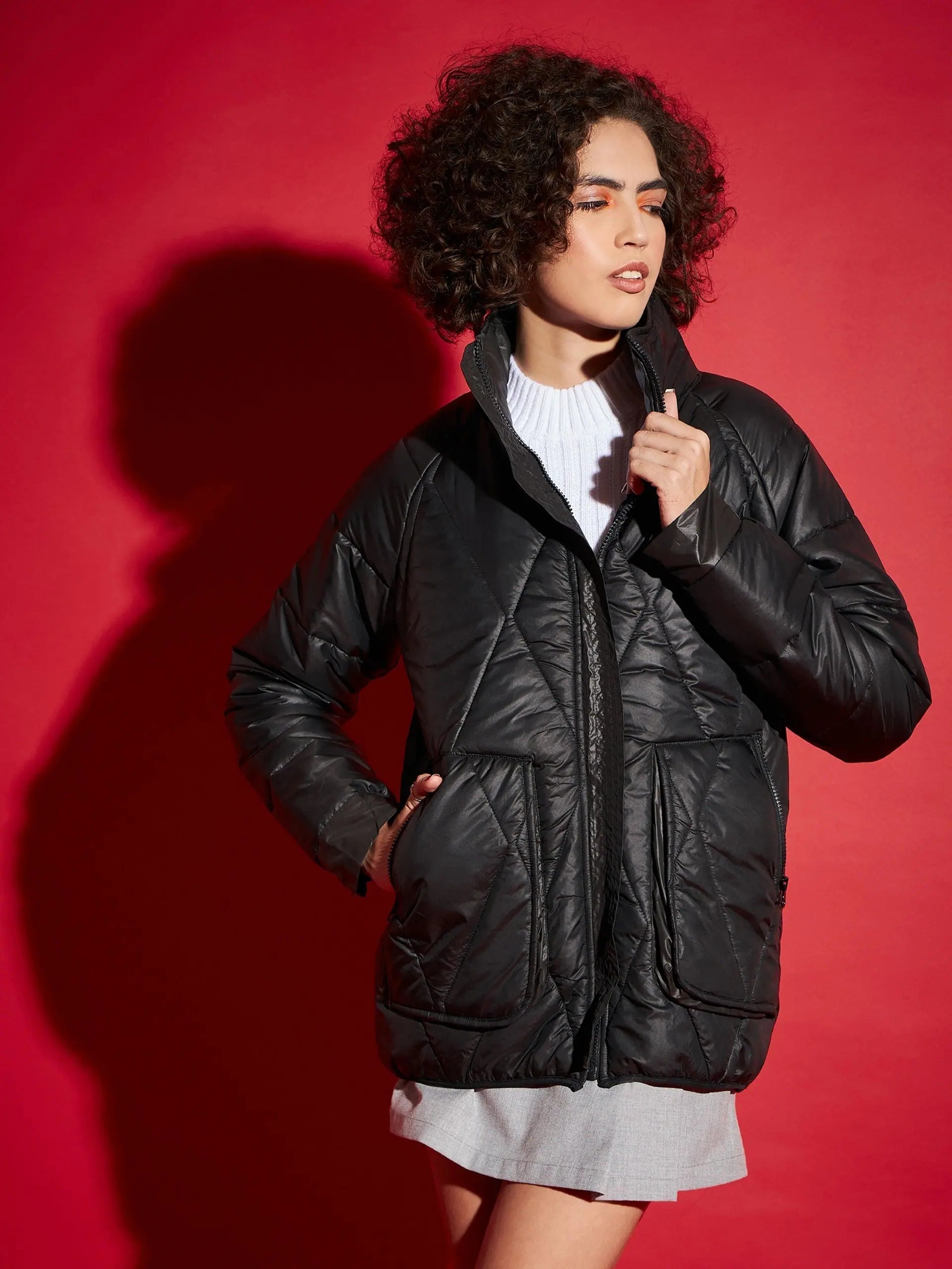 Women Solid Standard Black High Neck Full Sleeve Jacket Front Pockets Side Pockets Patch Pockets