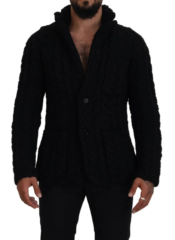 Elegant Black Wool-cashmere Blend Cardigan Oversized Loose Flowy