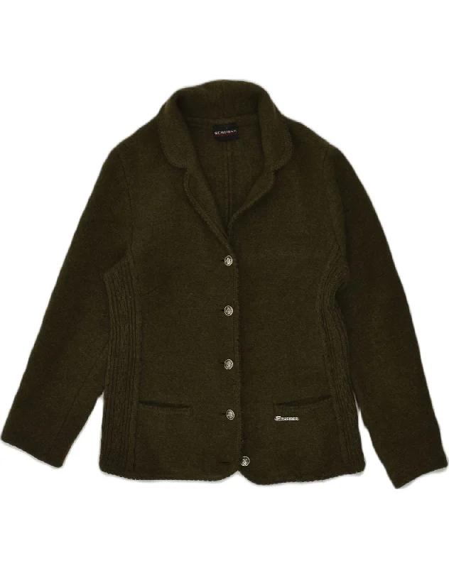 SCHEIBER Womens Cardigan Sweater UK 12 Medium Khaki Soft Cozy Warm