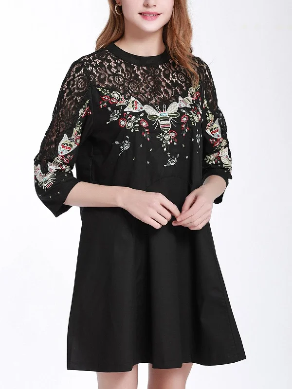 Heavy Embroidery Lace Stitching Slim Slimming Seven-point Sleeve Bottom SkirtV slim fit skirt