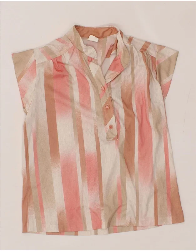 VINTAGE Womens Pullover Shirt Blouse UK 12 Medium Pink Striped Three Quarter Sleeve