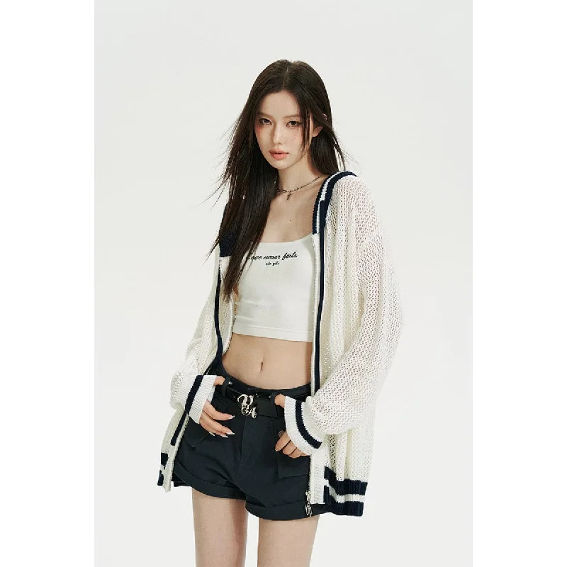White Color Blocked Knit Zip Hoodie Hoodie with Toggle Buttons Decorative Unique