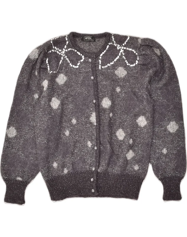 VINTAGE Womens Cardigan Sweater UK 14 Medium Grey Spotted Spandex Blend Rayon Blend Denim Blend VINTAGE Womens Cardigan Sweater UK 14 Medium Grey Spotted Spandex Blend Rayon Blend Denim Blend